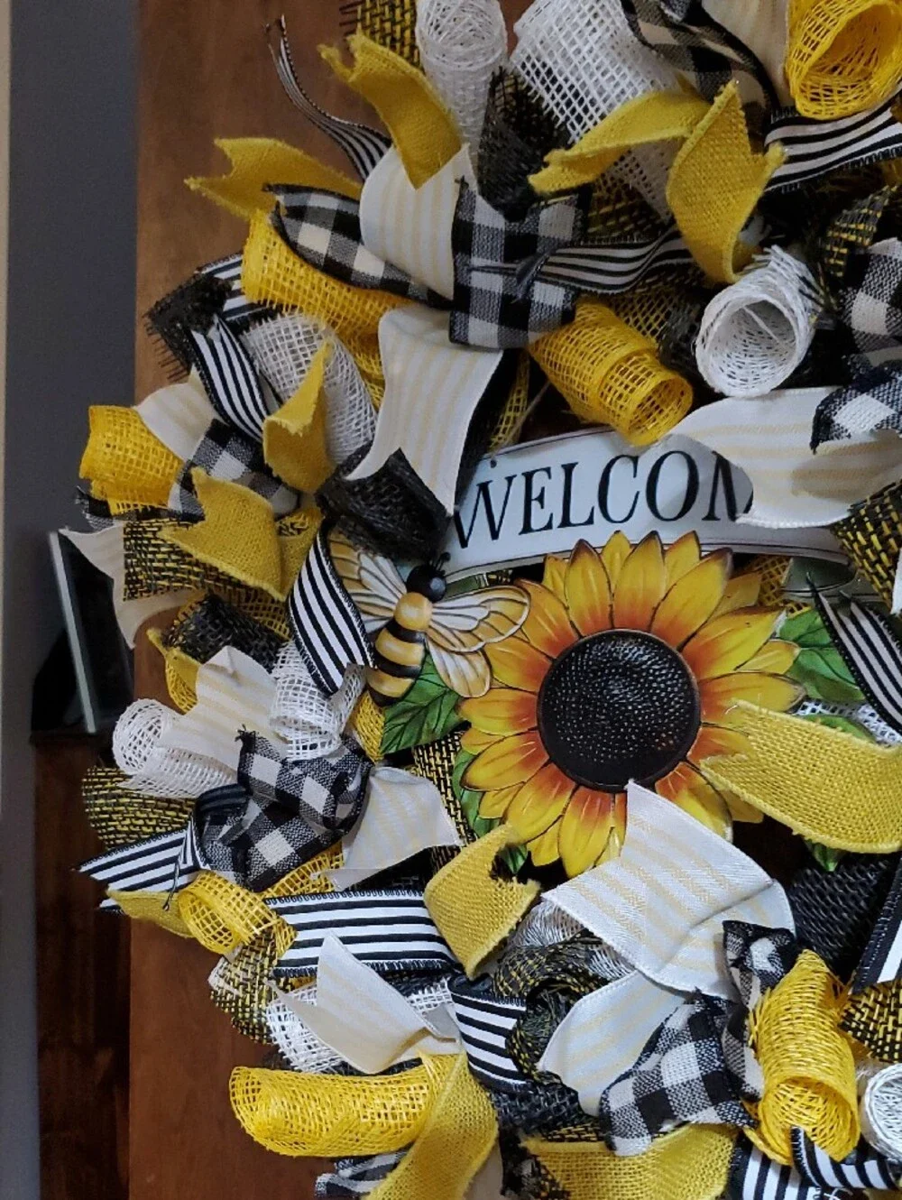 Sunflower Welcome Wreath with Yellow, Black & White Ribbons